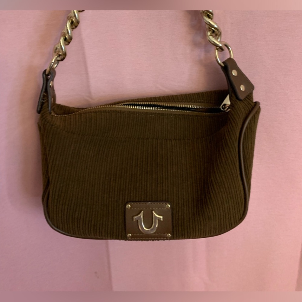 True Religion brown corduroy shoulder bag, gold chain shoulder strap
